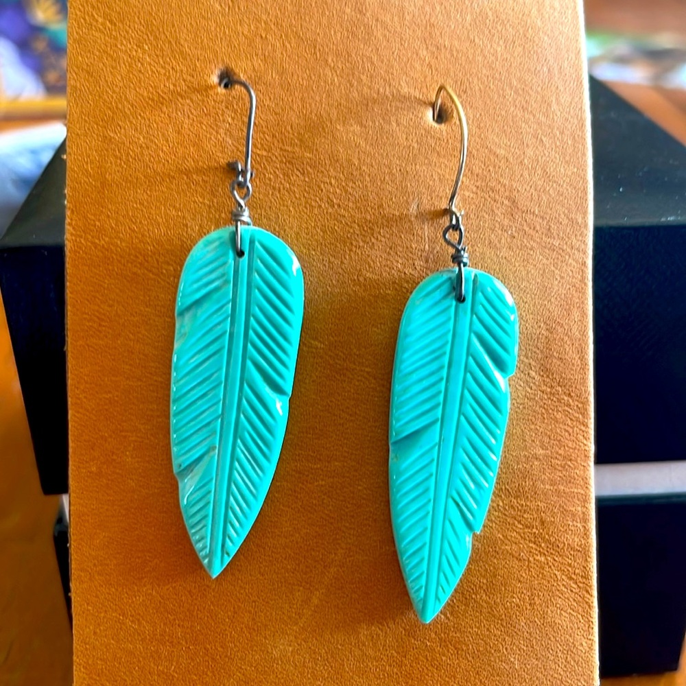 Carved Turquoise feather earrings